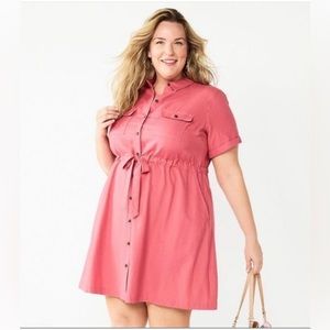Watermelon Pink T-shirt button dress with tie front